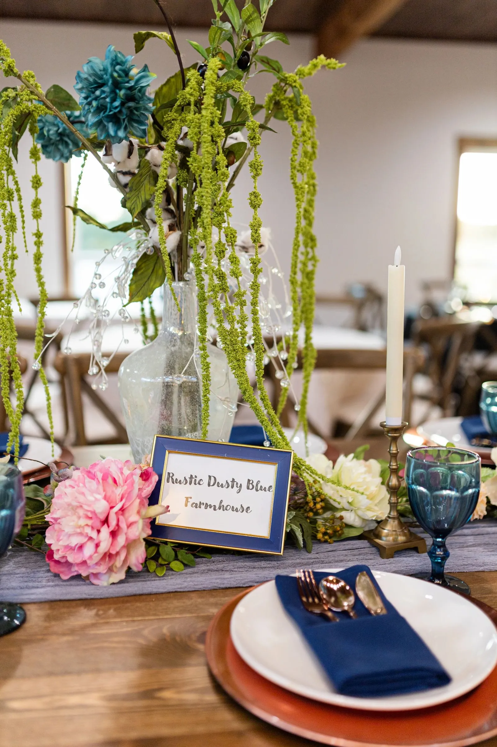 Wedding centerpiece and tablescape decor at Primrose Hill barn venue